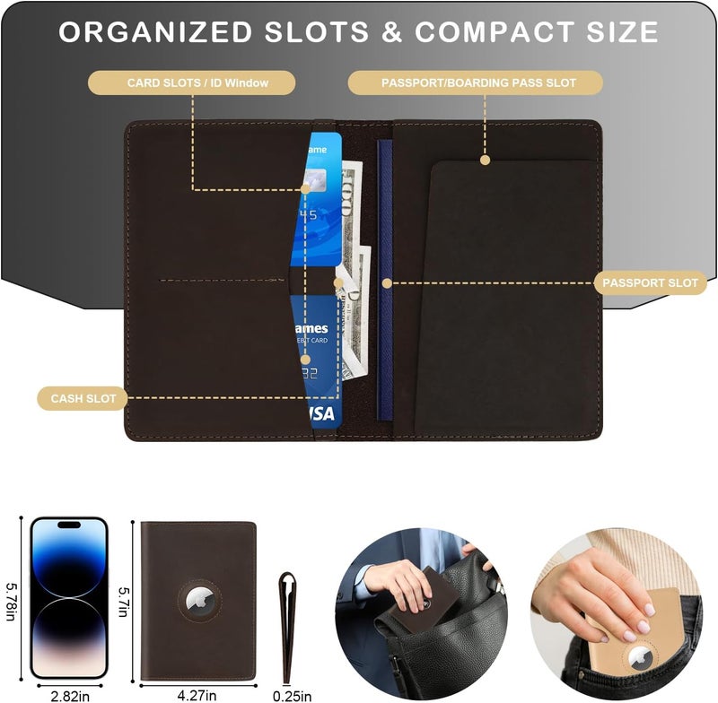 Kicoroiny Airtag Passport Holder for Men and Women Travel, Real Leather Passport Wallet, Handmade Passport Cover Case with Airtag Slot, Travel Must Haves Essentials Accessories Birthday Gift(Crazy Horse,Coffee) - Image 5